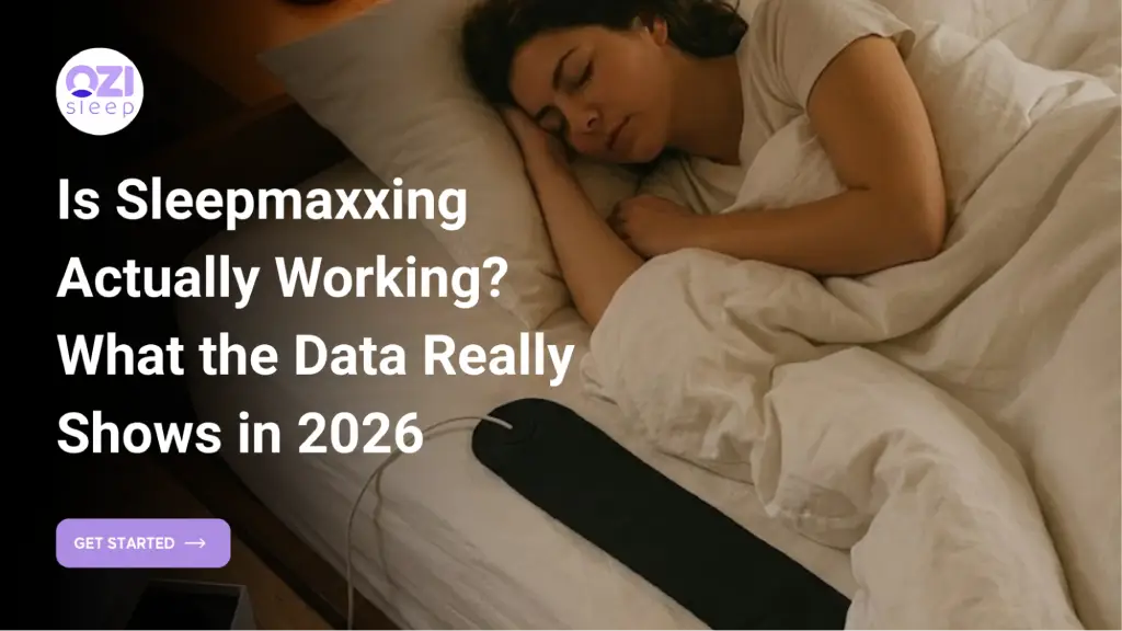 Woman sleeping with Ozi sleep tracker and headline text.