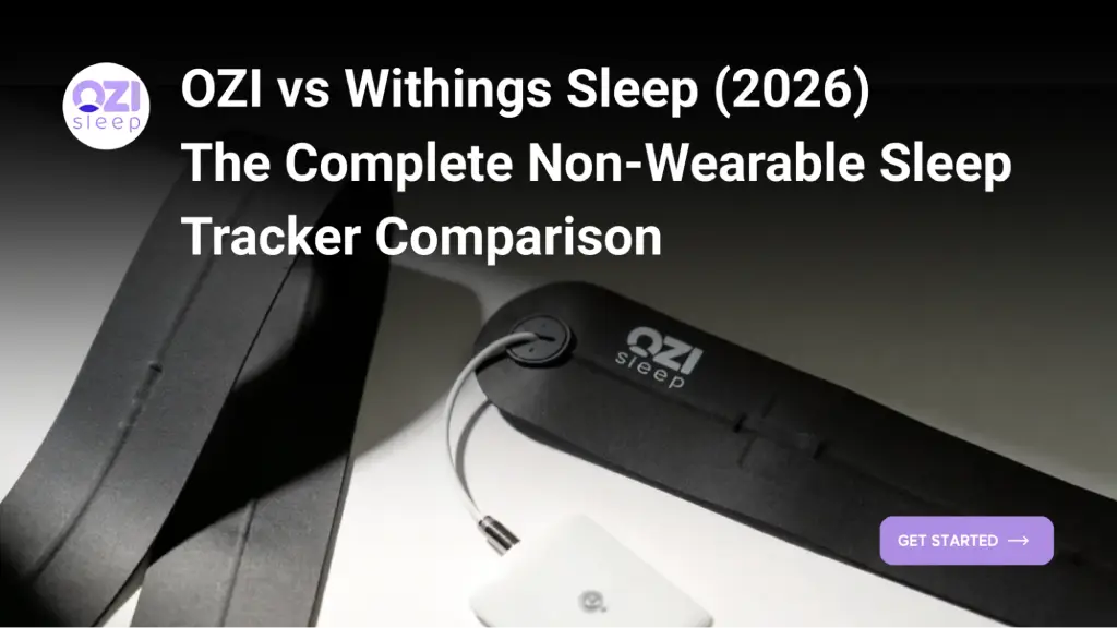 Non-wearable sleep tracker devices with “OZI vs Withings Sleep (2026)” comparison text and call-to-action button.
