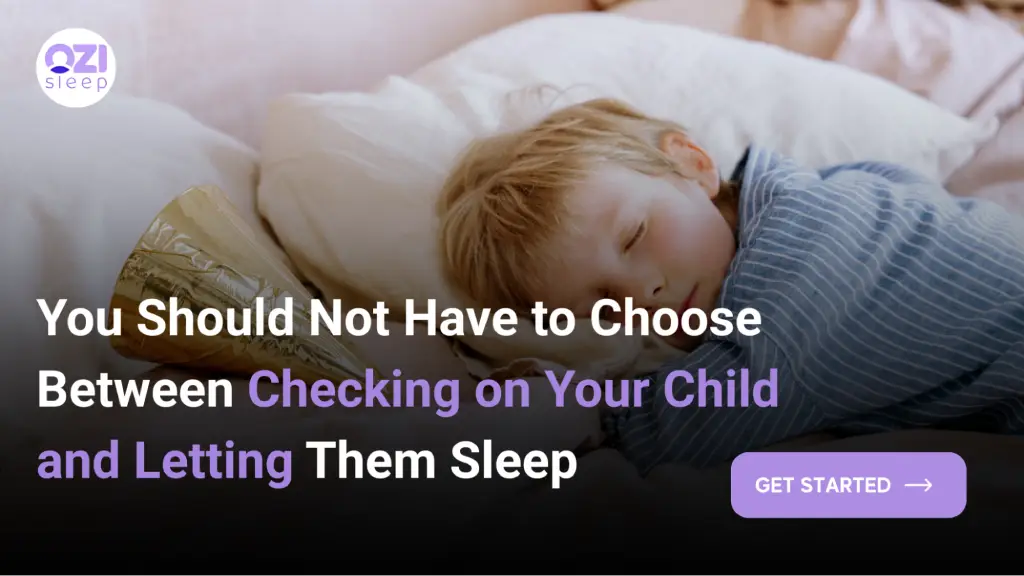 A sleeping baby lies on a soft, white surface. The image features a "QZI sleep" logo and a "GET STARTED" button, with text that reads: "You Should Not Have to Choose Between Checking on Your Child and Letting Them Sleep". 