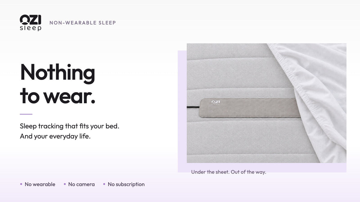 Light fabric OZI sleep sensor under a white sheet beside the headline "Nothing to wear."