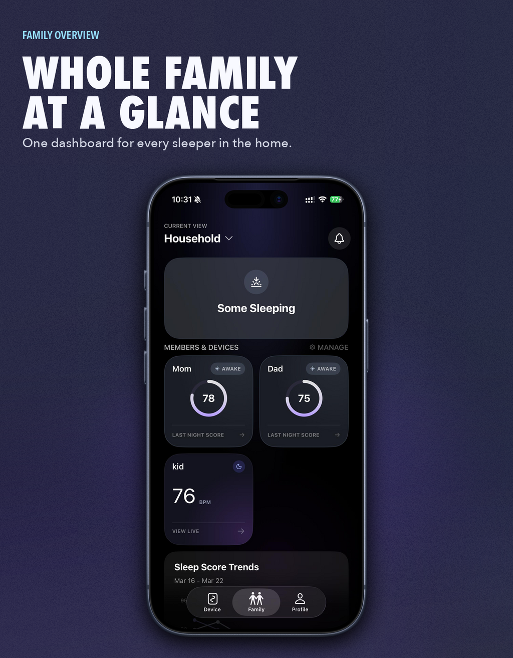 OZI Sleep app household dashboard — every family member's nightly sleep score on one screen