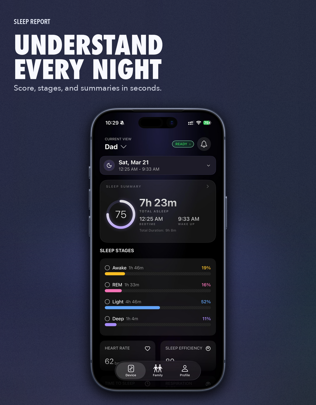 OZI Sleep app sleep report showing sleep stages, score, total time, and stage-by-stage breakdown for the night