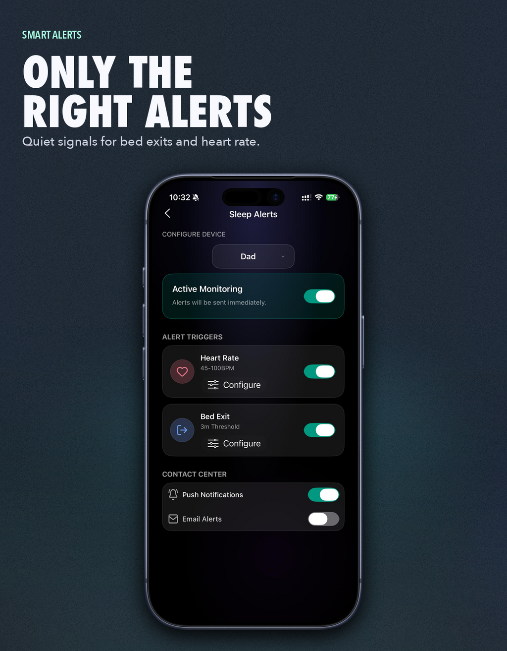 OZI Sleep app smart alerts panel — configure bed-exit and heart-rate notifications without false alarms