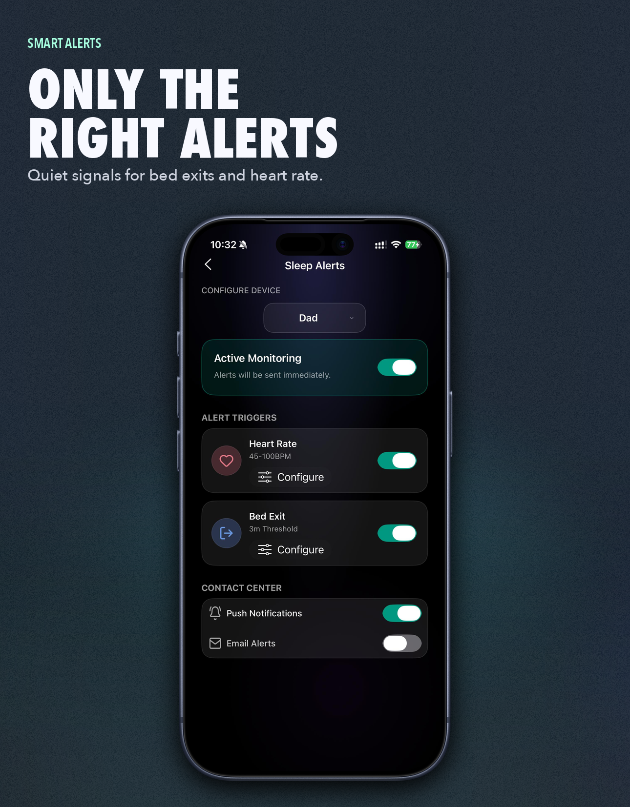 OZI Sleep app smart alerts panel — configure bed-exit and heart-rate notifications without false alarms