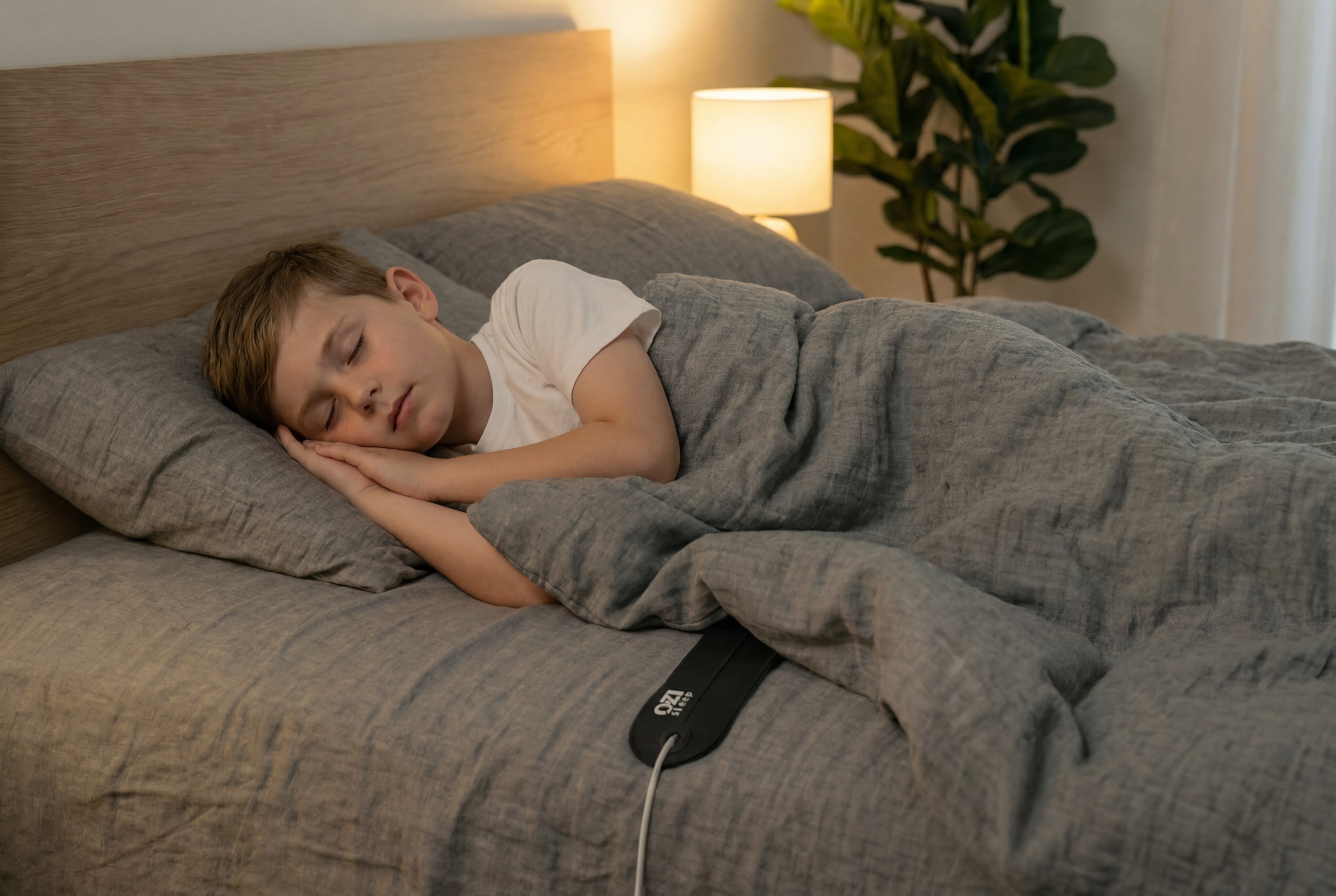 OZI Sleep — child sleeping in bed with OZI sensor strip on the duvet
