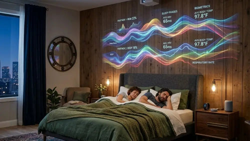 Couple sleeping with sleep stage, HRV, body temperature, and respiratory rate insights visualized — OZI Sleep patterns and health insights