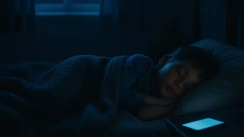 Child sleeping peacefully at night while OZI Sleep tracks heart rate and movement on the parent's phone — children's sleep guidance