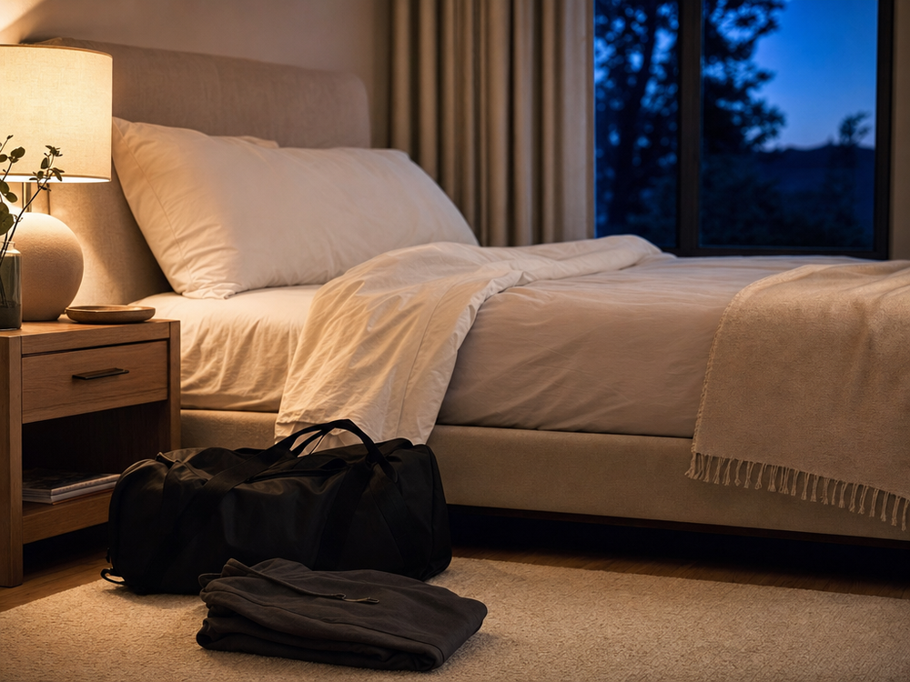 Evening recovery bedroom with gym bag and warm bedside lamp