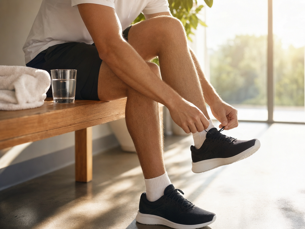Athlete tying running shoes beside a sunlit window