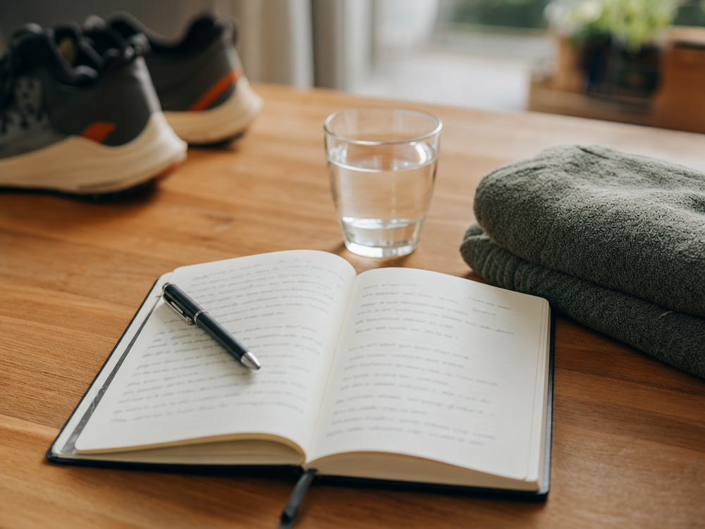 Training journal, towel, water, and running shoes on a wooden table