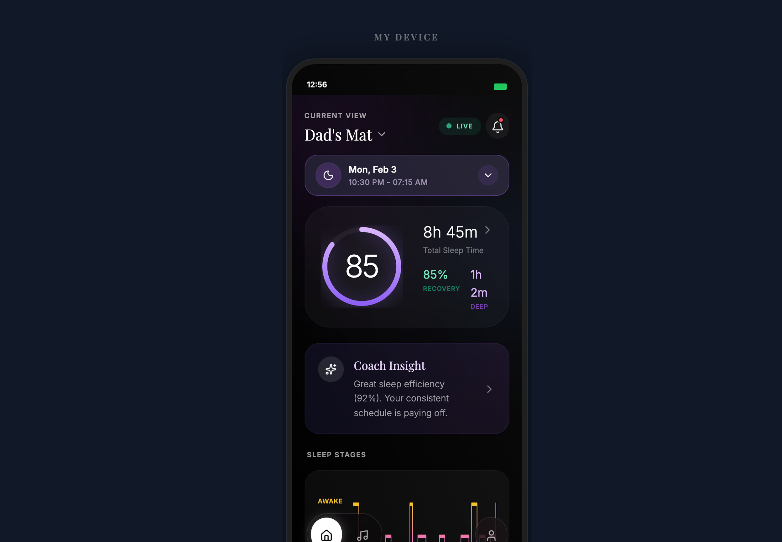 OZI Sleep app dashboard showing 8h 45m total sleep, 85 sleep score, recovery percentage, and Coach Insight tips