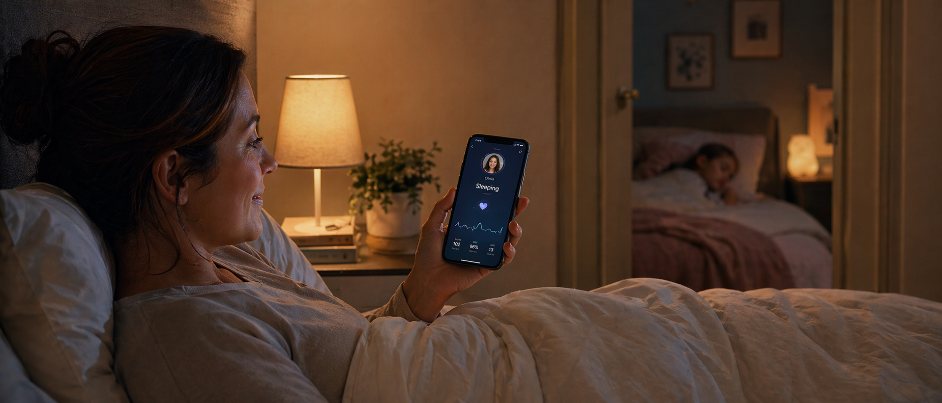 Adult checking the OZI Sleep app from bed at night — contactless monitoring keeps the room calm and dark