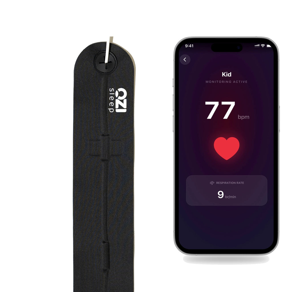 OZI Sleep Tracker sensor strip with the app showing live heart rate and respiration