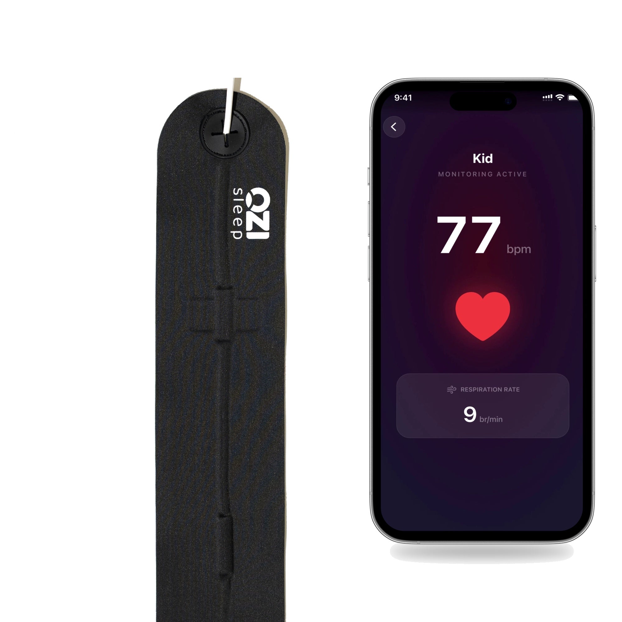 OZI Sleep Tracker sensor strip with the app showing live heart rate and respiration