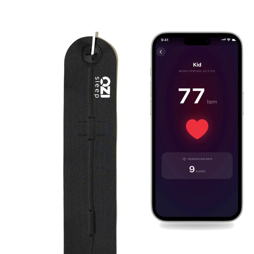 OZI Sleep Tracker sensor strip with the app showing live heart rate and respiration