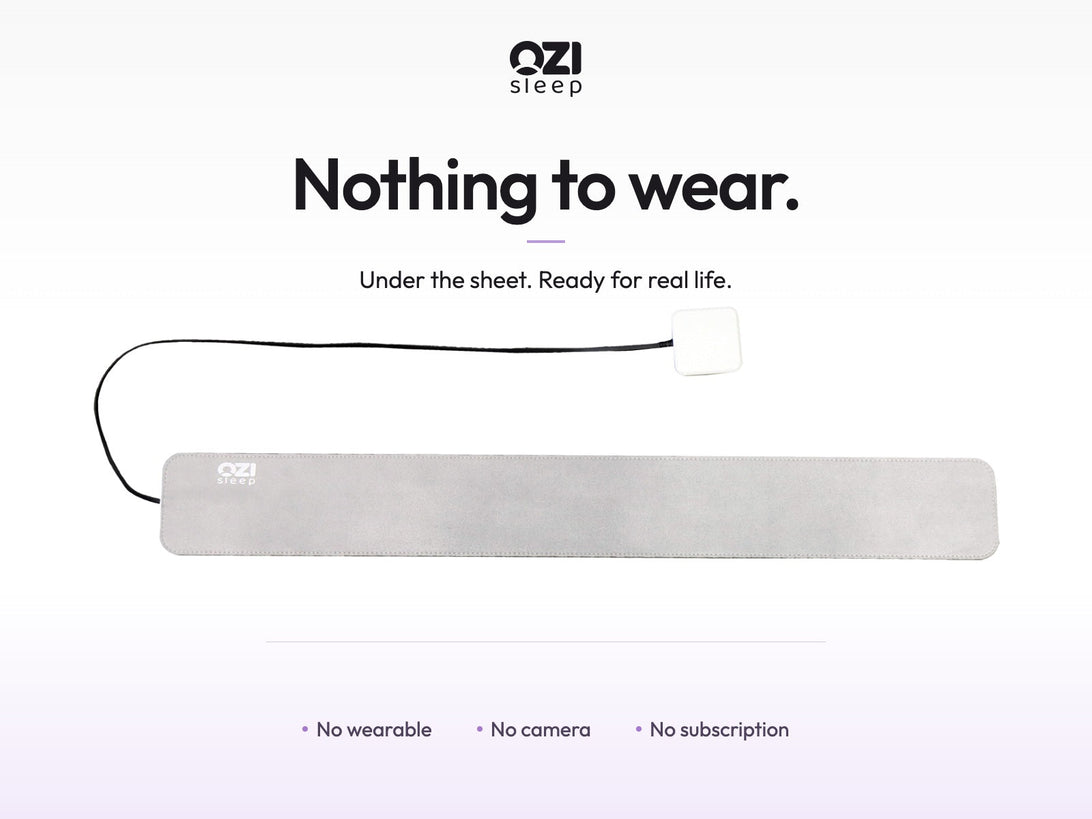 OZI sleep sensor, white control module and black cable beneath the headline "Nothing to wear."