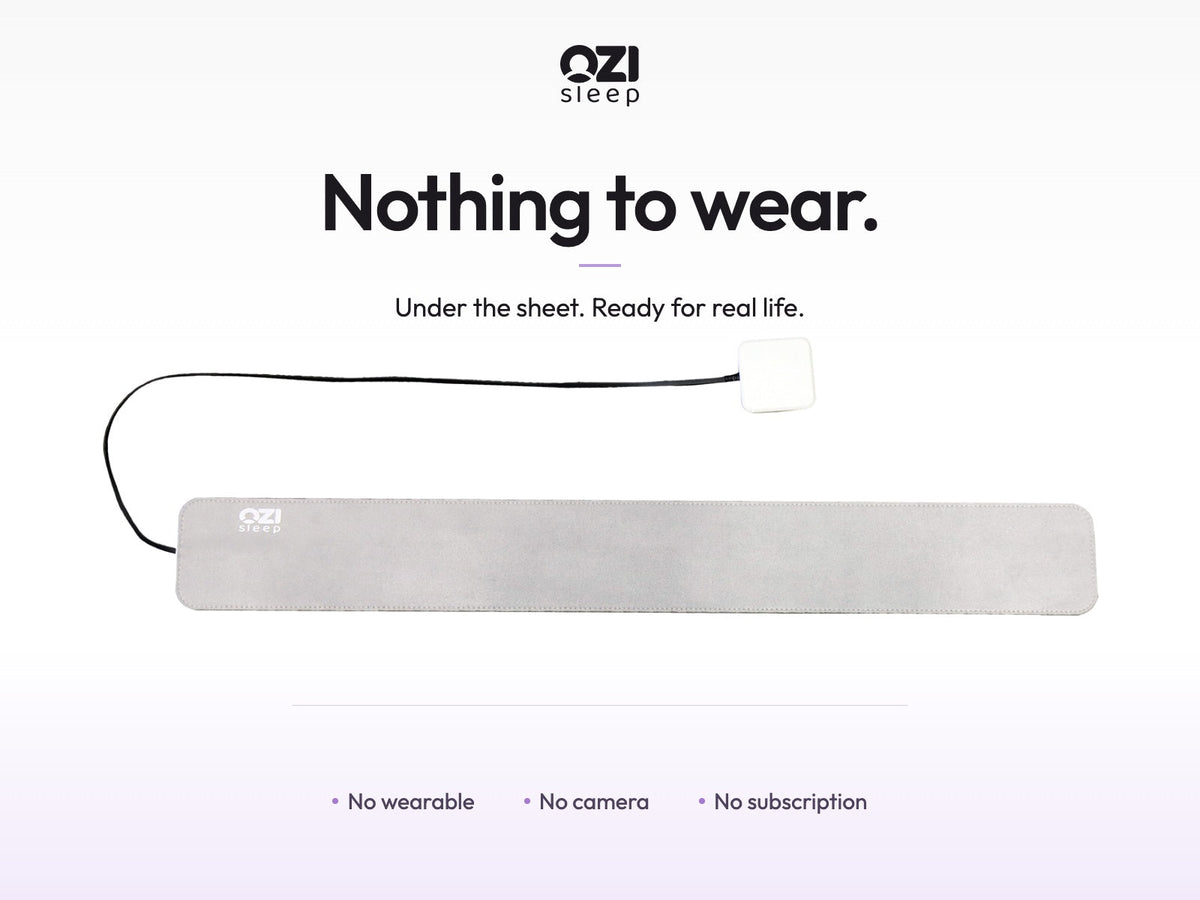 OZI sleep sensor, white control module and black cable beneath the headline "Nothing to wear."