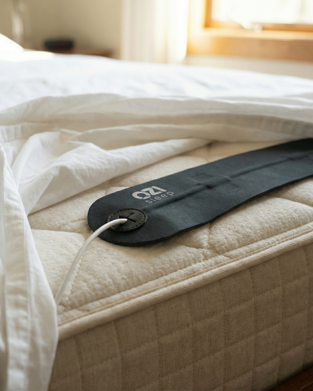Close-up of OZI Sleep Tracker sensor strip placed across the mattress under the sheet — under-sheet sleep monitoring installation