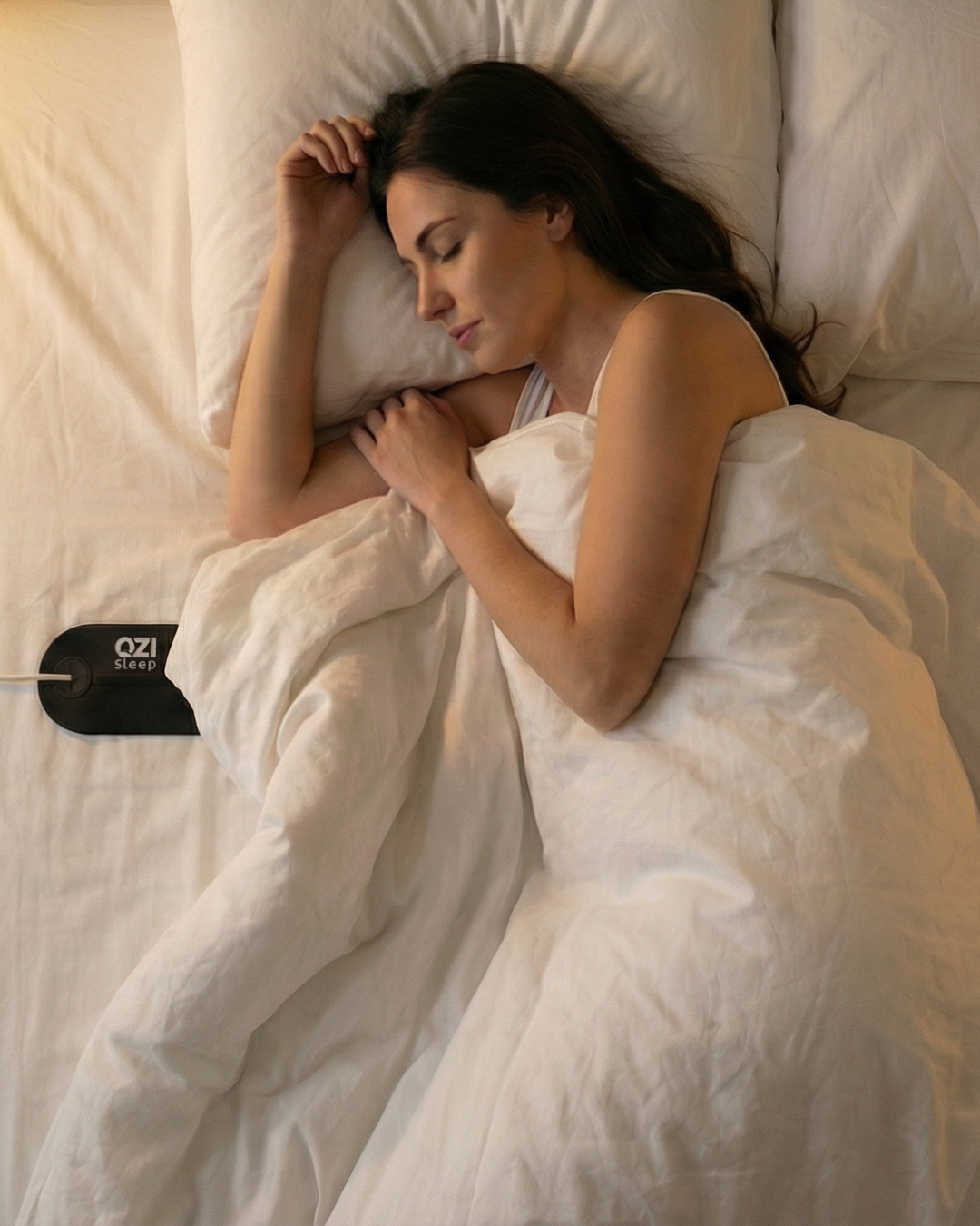 Woman sleeping peacefully with the OZI Sleep Tracker under-sheet sensor in place — contactless monitoring with no wearables